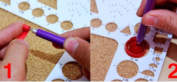 Paper craft kit showing gradient colour paper packs, paper winding disc, wave shaper, and tools in storage box