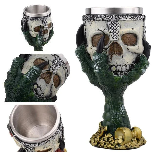 Chilling skull-themed wine goblet with a 3D skull design, made from premium resin and stainless steel for long-lasting durability and visual impact.