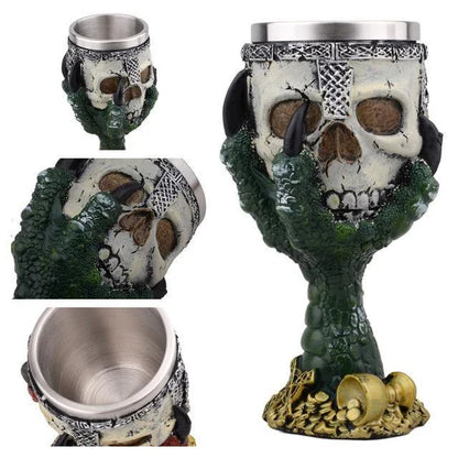 Chilling skull-themed wine goblet with a 3D skull design, made from premium resin and stainless steel for long-lasting durability and visual impact.