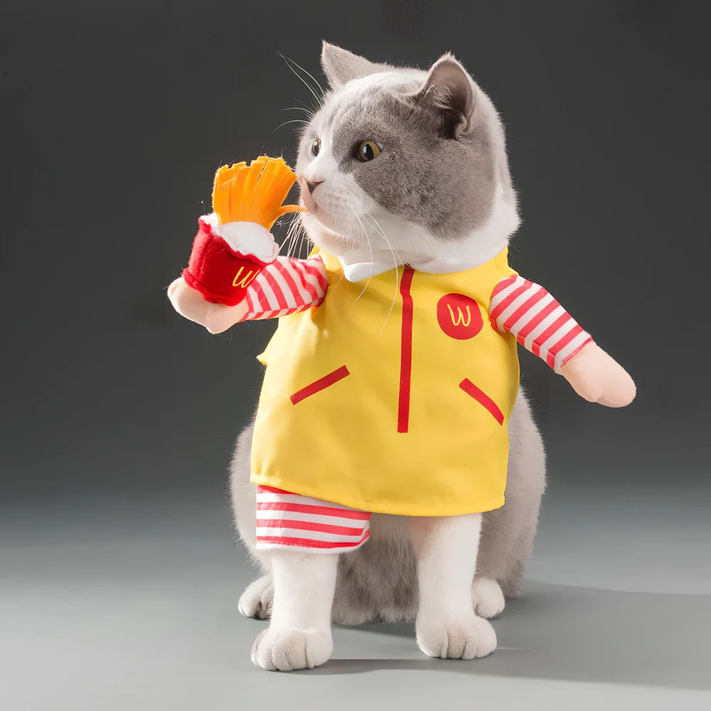 Polyester cat costume in character design with size label showing bust and neck measurements