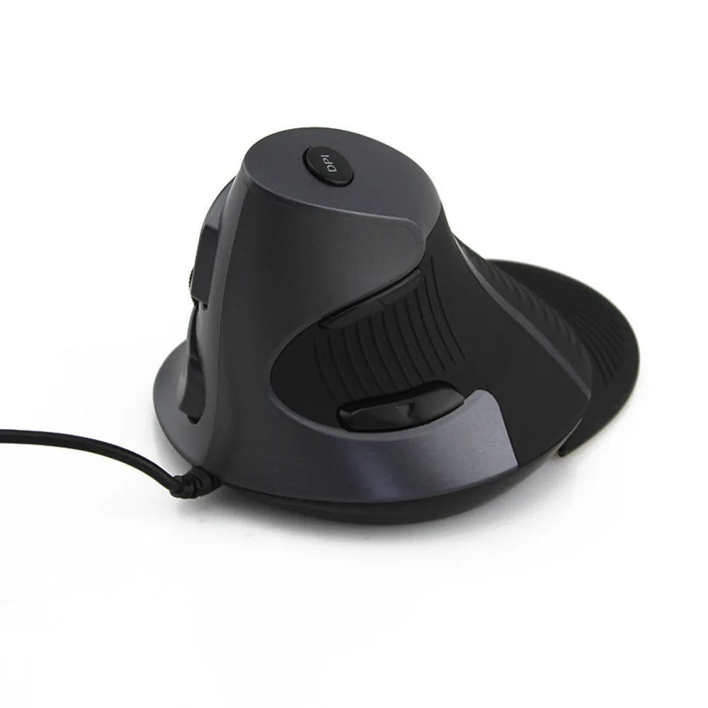 Black and white ergonomic vertical mouse with wired USB connection for desktop computers