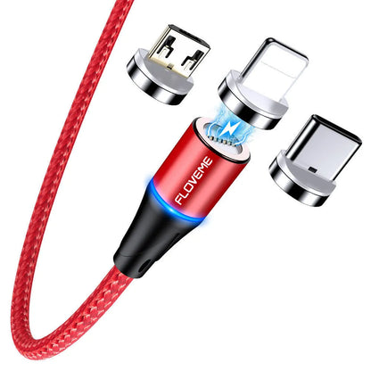 Black magnetic fast-charge cable with LED lights and three interchangeable heads for iPhone, Android, and Type-C ports