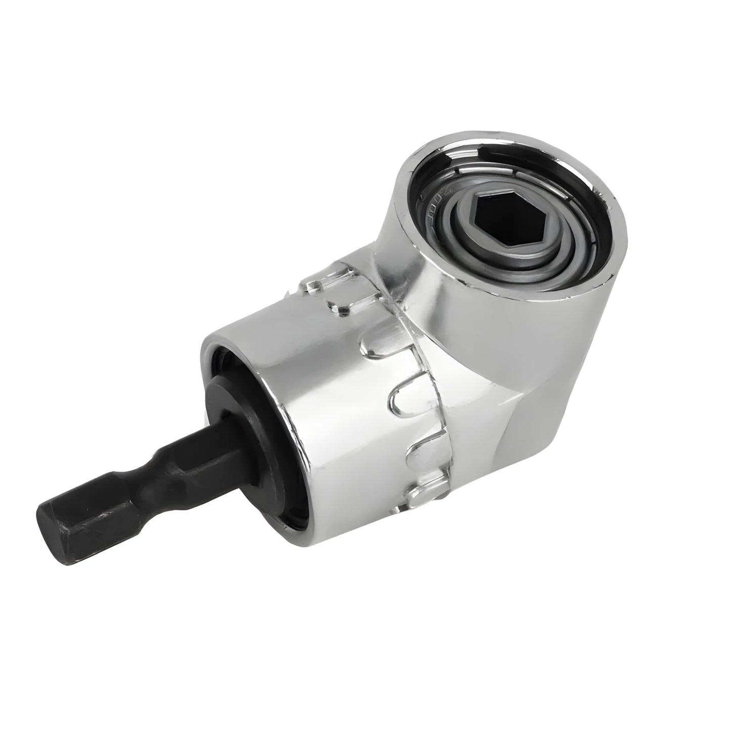 Flexible shaft attachment for drills with a 105-degree angled head and magnetic bit holder.