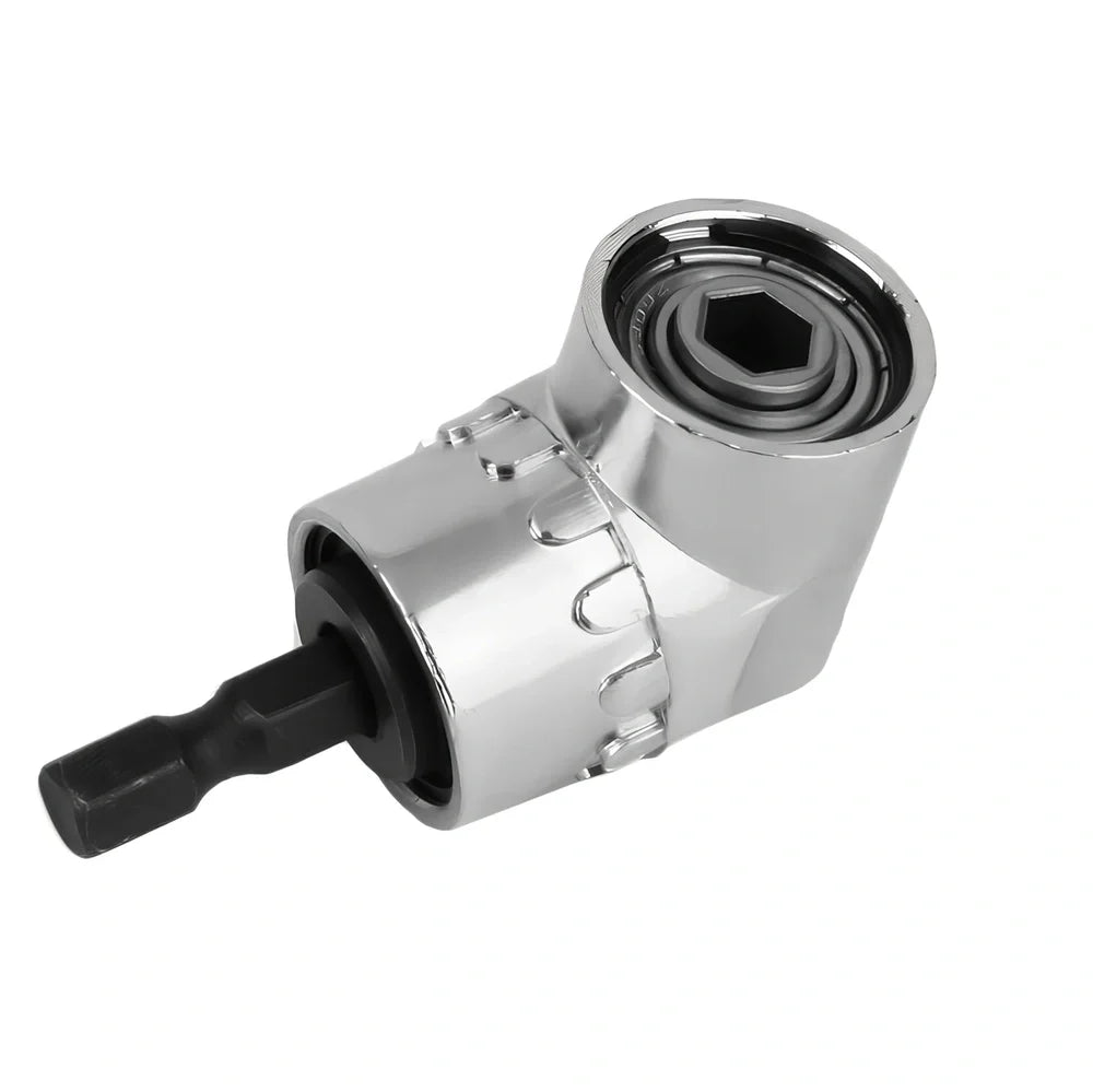 Universal flexible shaft adapter with 105-degree angle and magnetic bit lock for confined space screw access