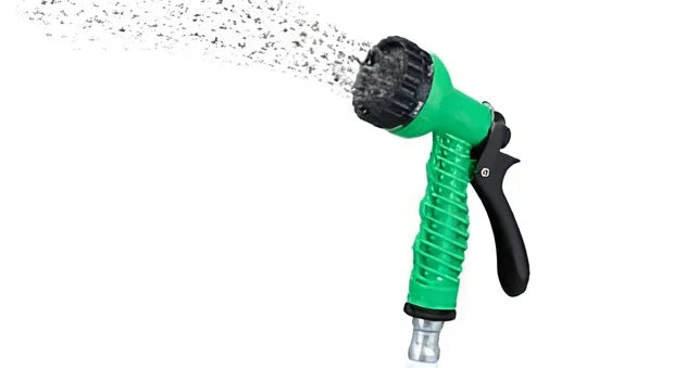 Blue telescopic water hose with high-pressure gun, expanded for use in garden watering
