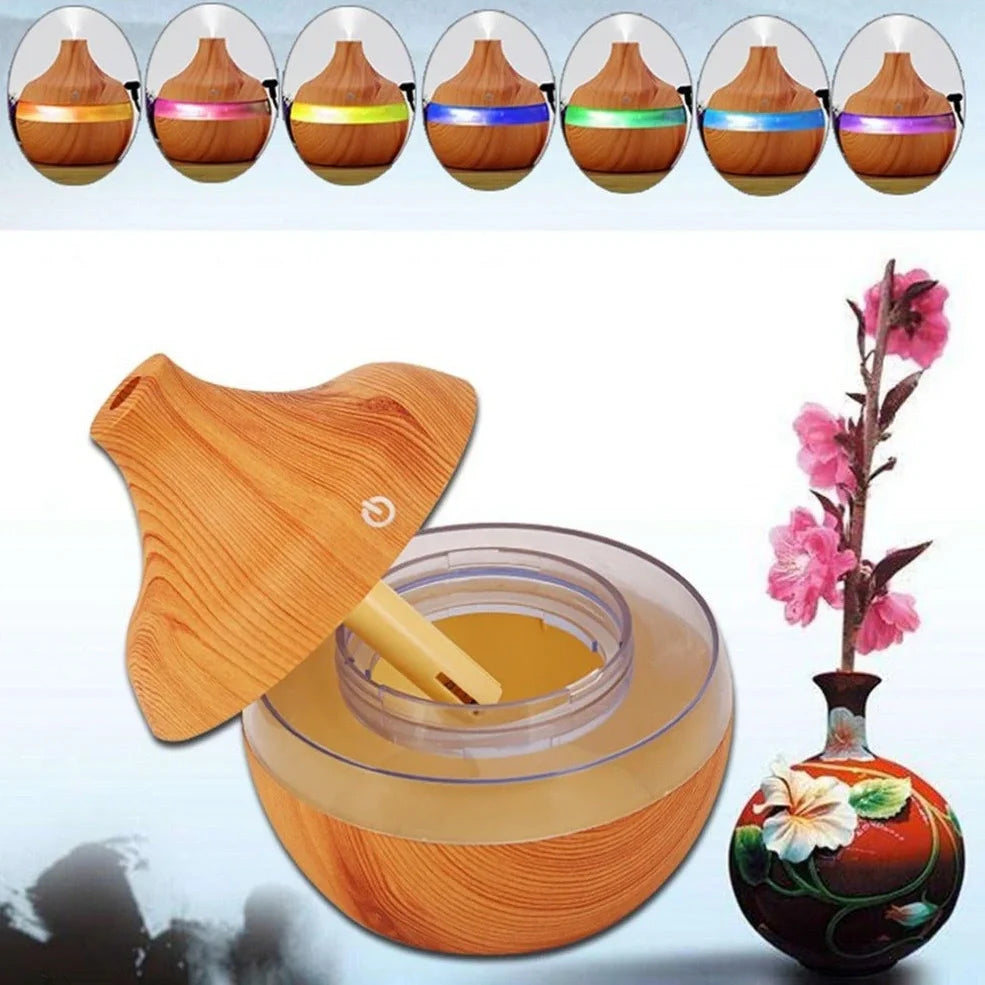 Yellow wood grain USB humidifier measuring 110x110mm with 300ml water tank and LED lighting