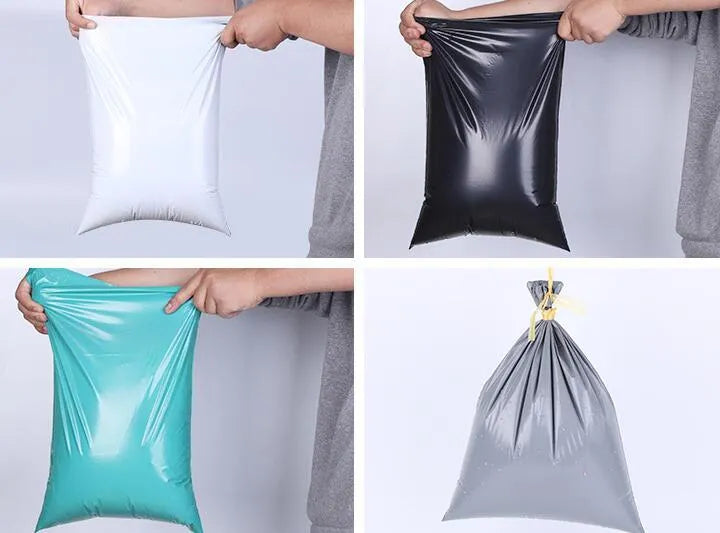 A pack of flat, sealed white PE plastic courier bags with an adhesive strip, showing size options and colour variations.