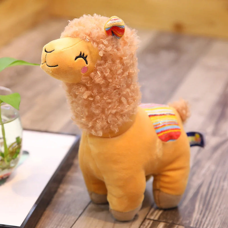 Alpaca Llama plush toy available in 25cm, 35cm, and 45cm sizes with pp cotton filling and soft cloth exterior in blue, brown, white, or pink colour options for cuddling and display