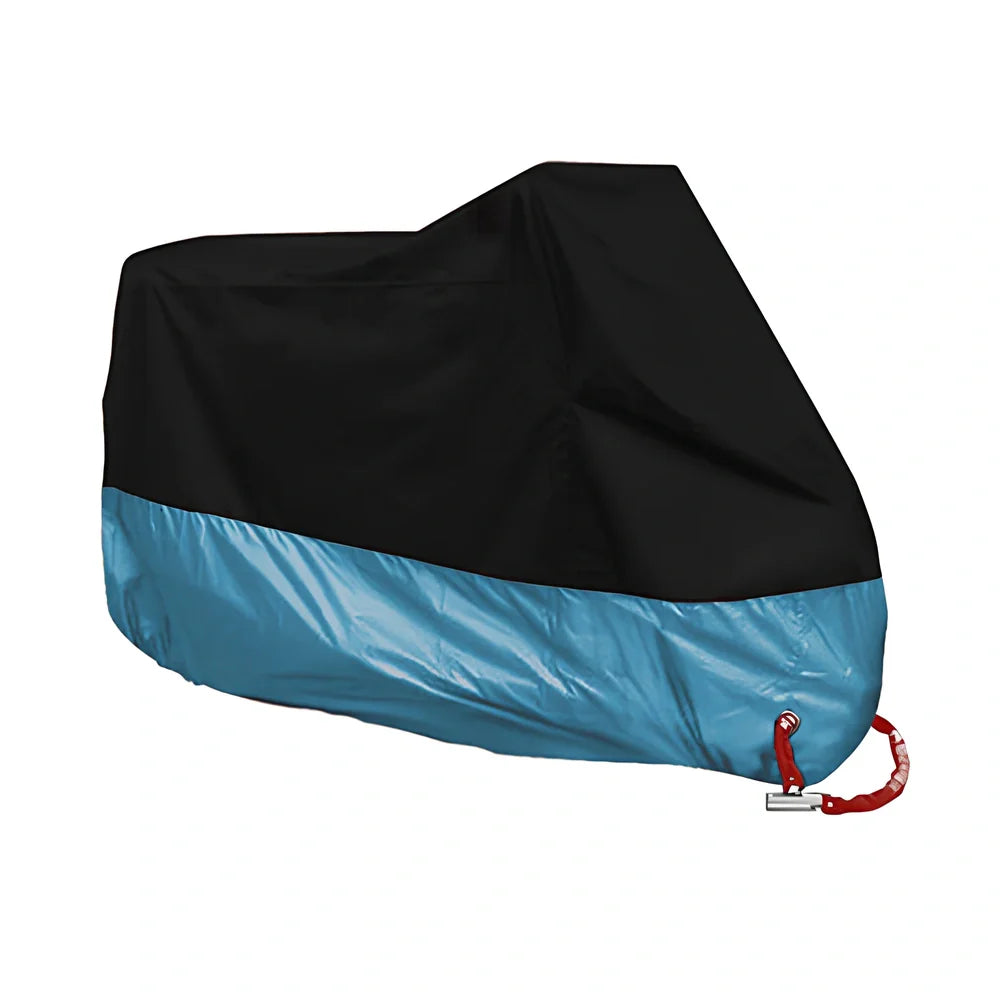 Silver coated motorbike cover showing colour blocking design on black background