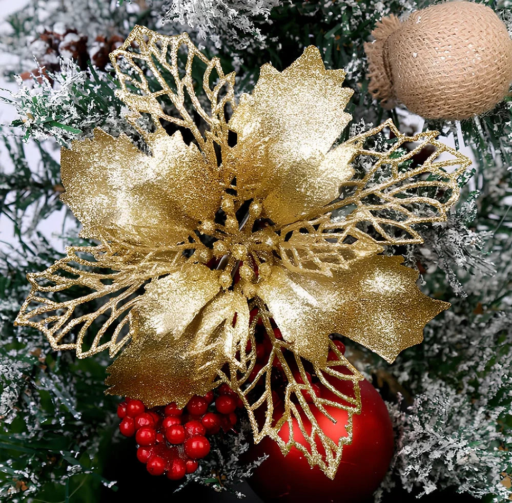 16cm Christmas tree wreath in gold with PE base and glitter powder for festive hanging