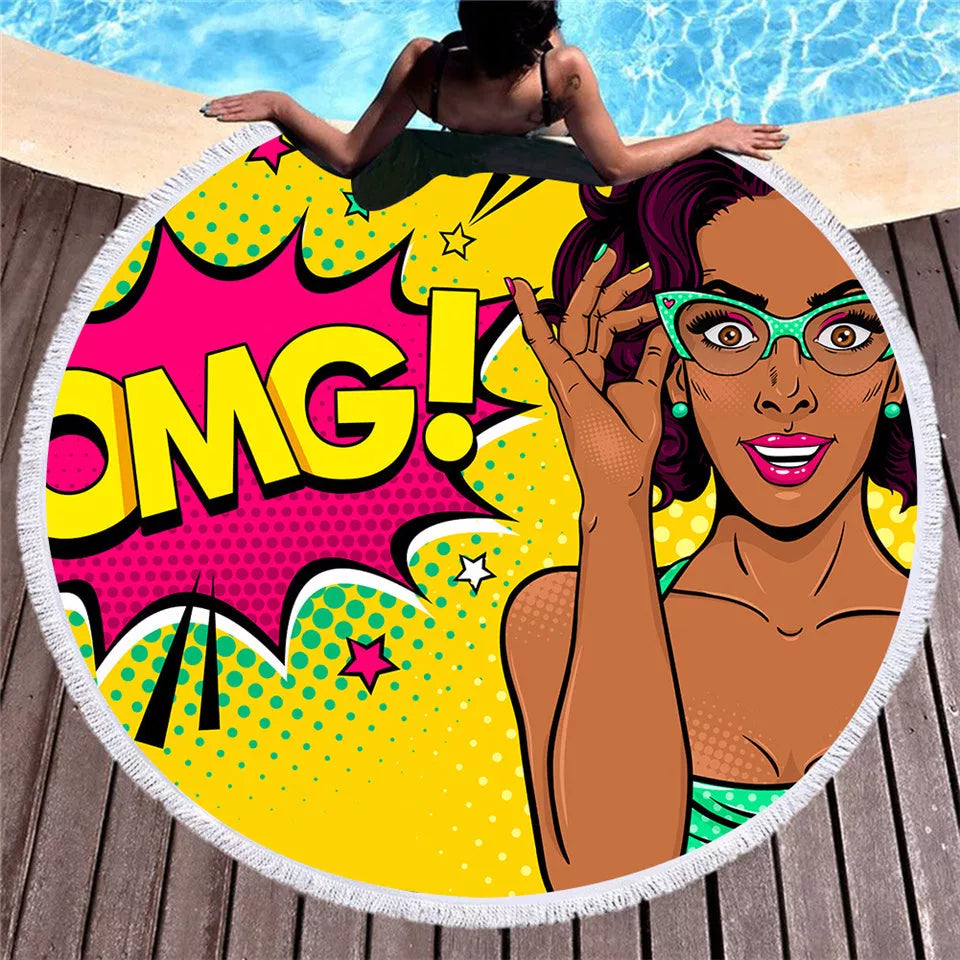 Retro round printed microfiber beach towel with vibrant design, 150cm×150cm