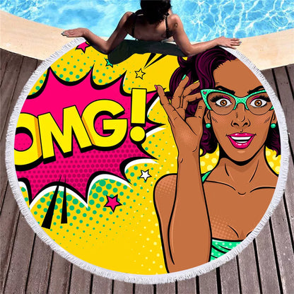 Retro round printed microfiber beach towel with vibrant design, 150cm×150cm