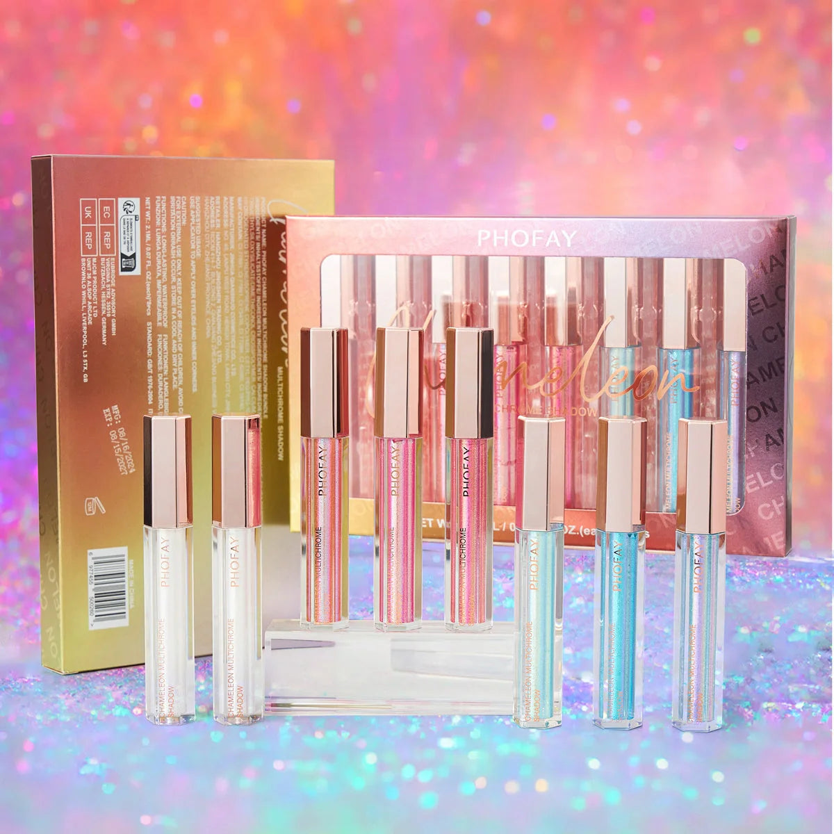 PHOFAY Chameleon Multichrome Eyeshadow Bundle showcasing eight vibrant, color-shifting shades