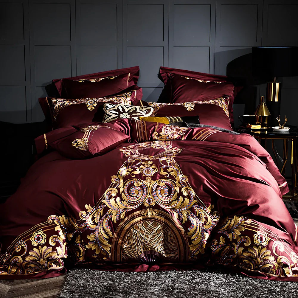 Embroidered Chinese cotton quilt cover with plant patterns in grey colour option on standard UK bed