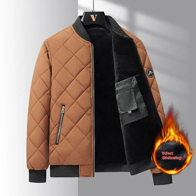 A warm, wind-resistant insulated jacket with a unique rhombic sewing design, available in a variety of fashionable colors for men.