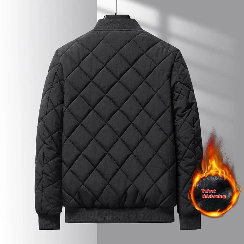 A warm, wind-resistant insulated jacket with a unique rhombic sewing design, available in a variety of fashionable colors for men.