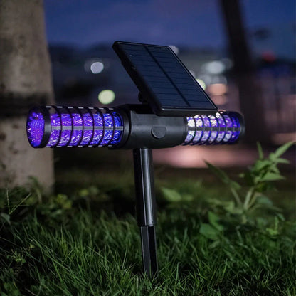Black outdoor mosquito killer lamp with solar panel and UV LED lights for garden insect control