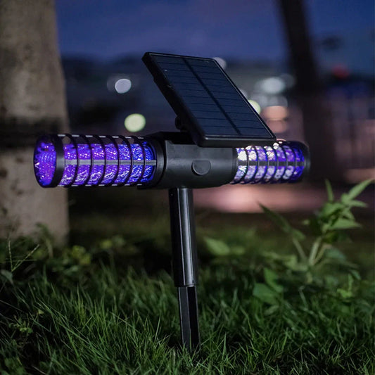 Black outdoor mosquito killer lamp with solar panel and UV LED lights for garden insect control