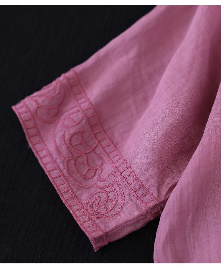 Women's retro cotton-linen embroidered V-neck T-shirt in green, white, pink, and dark blue