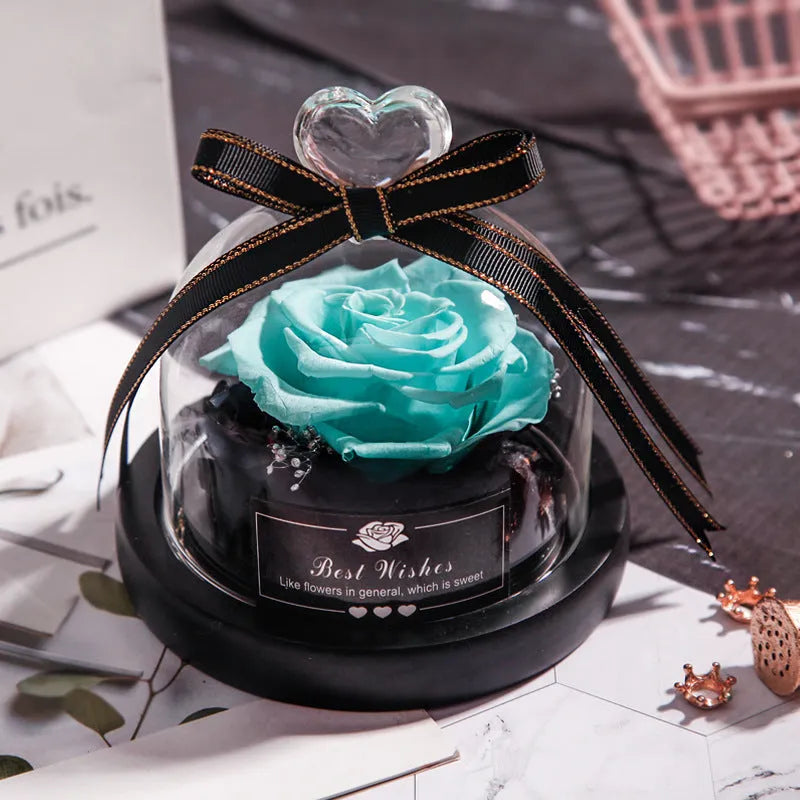 LED eternal real rose preserved in a glass dome home decor with colour options.