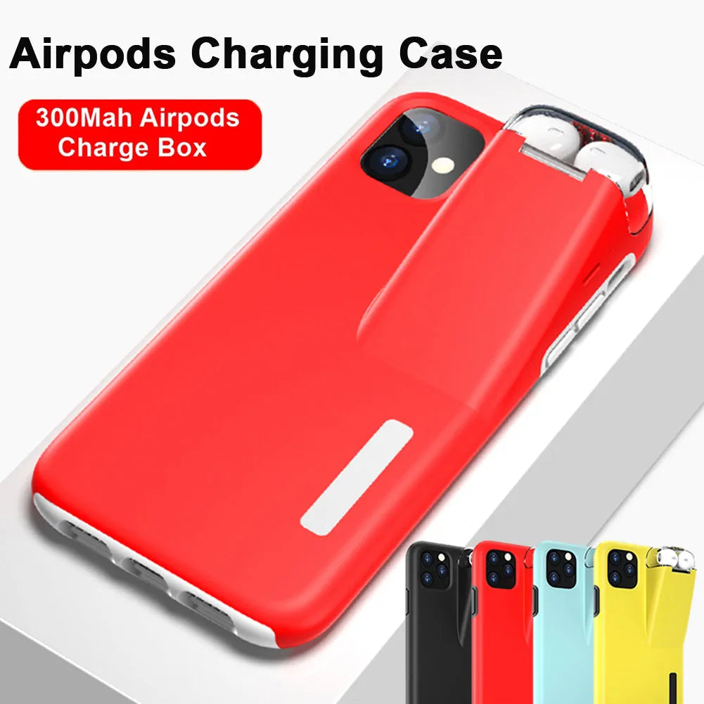 Black matte acrylic and silicone 2-in-1 case holding an iPhone and an AirPods charging case.