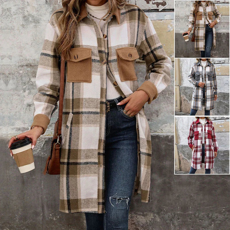 Stylish brushed plaid long coat with pockets for women, available in coffee, grey, and wine red colors