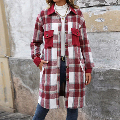 Stylish brushed plaid long coat with pockets for women, available in coffee, grey, and wine red colors