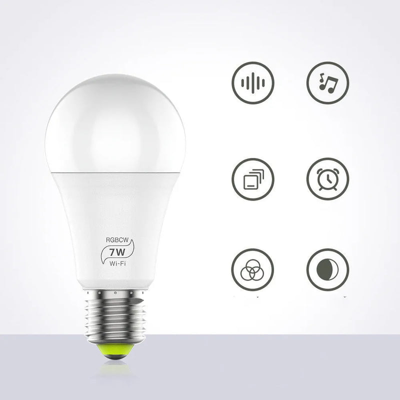 LED Smart WiFi Bulb 7W E27 Socket 500LM 2700-6500K RGBCW Colour Changing Supports Alexa Google Home Voice Control App Remote Dimming Timing Group Control for Home Lighting