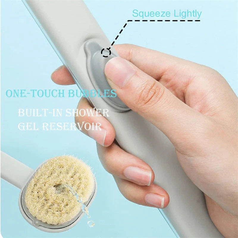 Dual-purpose shower brush with detachable head and built-in shower gel reservoir