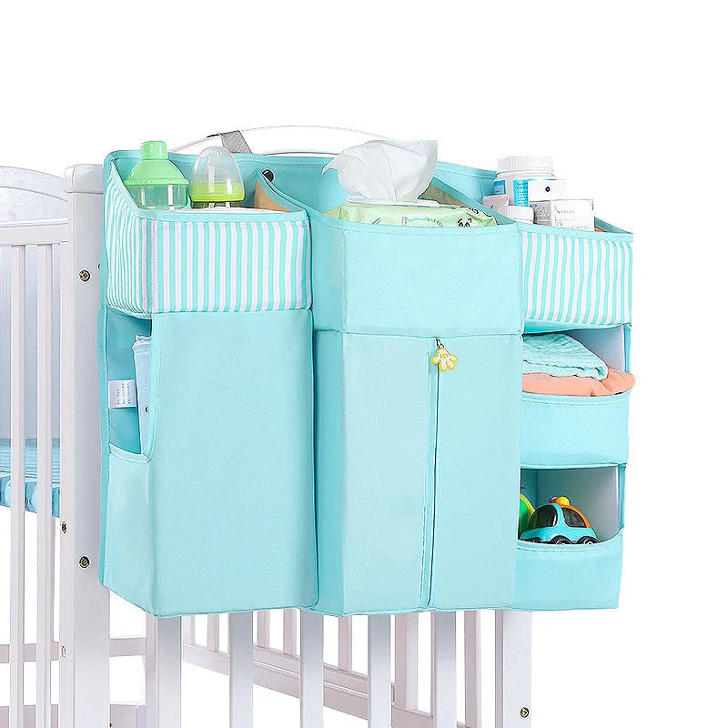 Universal baby crib hanging storage bag in various colors with multiple pockets