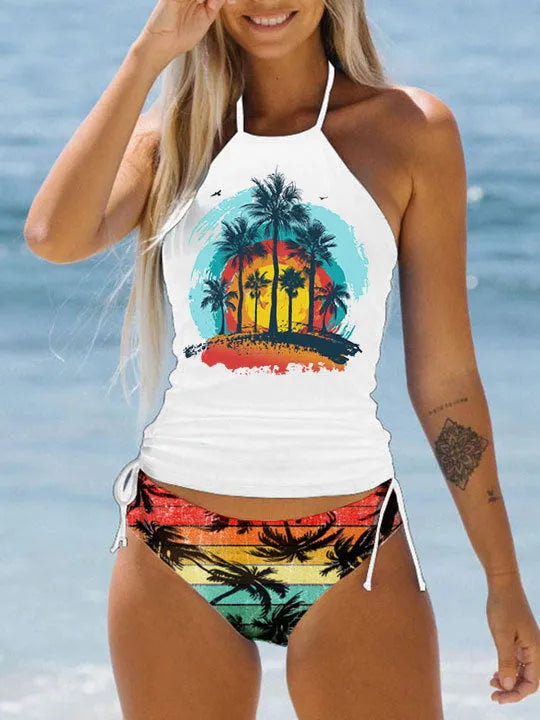 Colourful conservative women's swimsuit with cartoon printing and split brief design