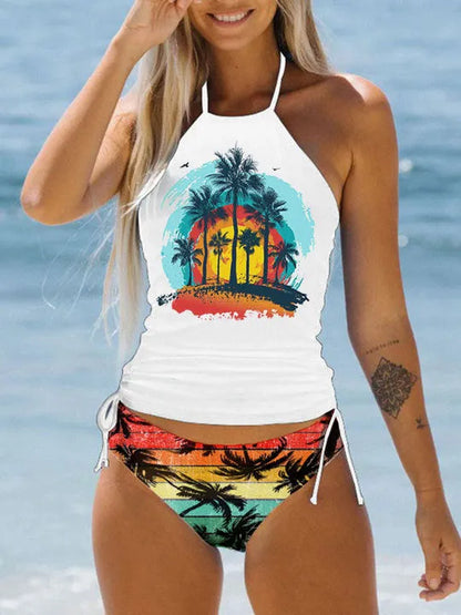 Colourful conservative women's swimsuit with cartoon printing and split brief design