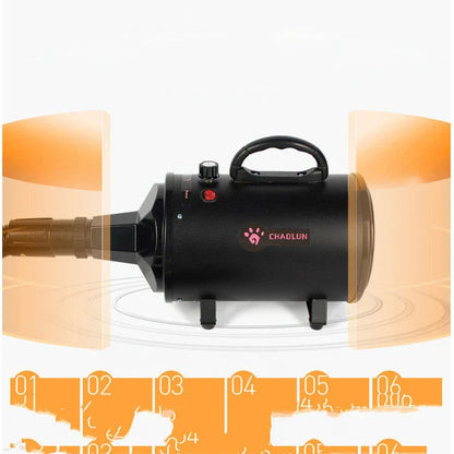 High-powered pet hair dryer with adjustable speed and temperature settings for quick and quiet drying of large dogs and cats