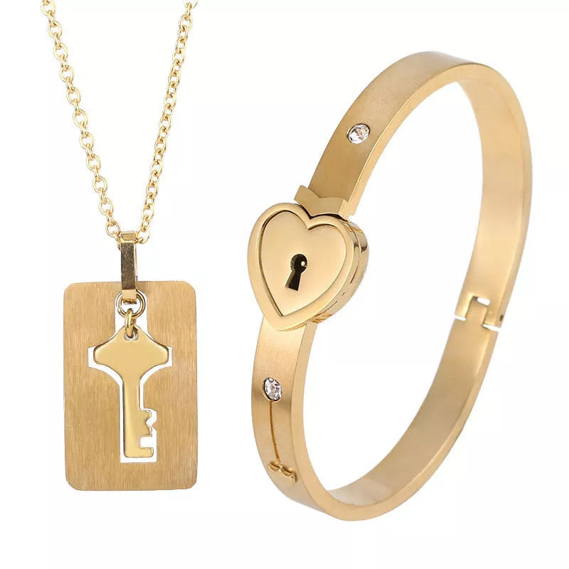 Titanium Steel Couple Love Lock Bracelet and Key Set in various colors
