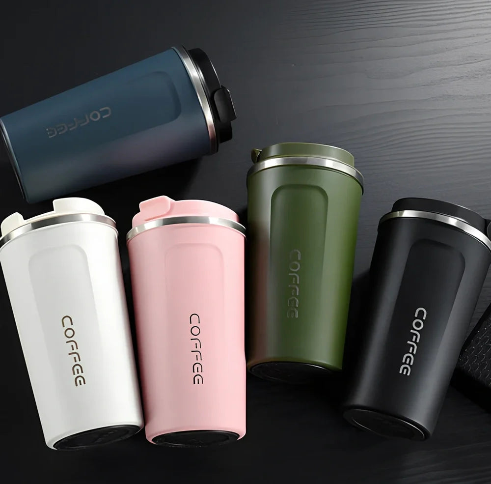 Stainless steel thermal vacuum coffee mug with double-layer insulation and spill-proof lid in multiple colour options