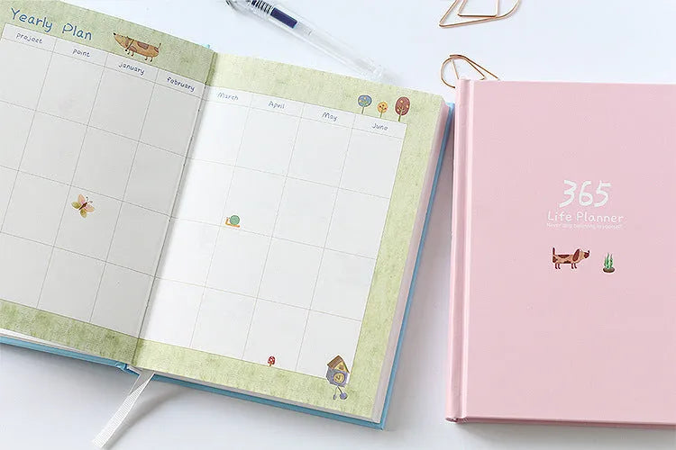 Hardback 365 day planner notebook, 13.5 x 18.2cm, 228 pages, 100gsm white cattle paper, Dark Green or Pink