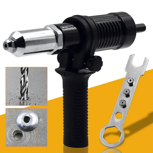 Black electric drill rivet gun with alloy steel head and 173mm length for metal riveting