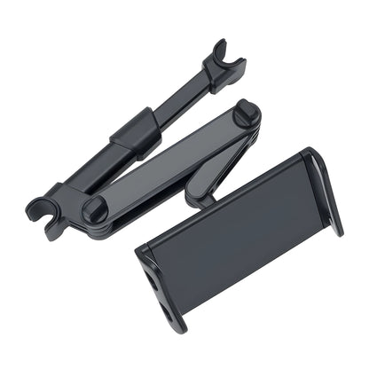 Black car tablet holder mounted on vehicle rear seat base holding iPad