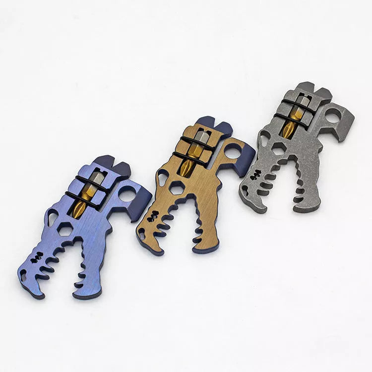 Dinosaur Head Tool in TC4 titanium, available in grey, blue, and copper