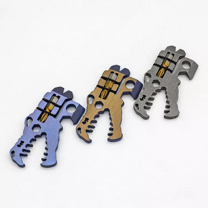 Dinosaur Head Tool in TC4 titanium, available in grey, blue, and copper