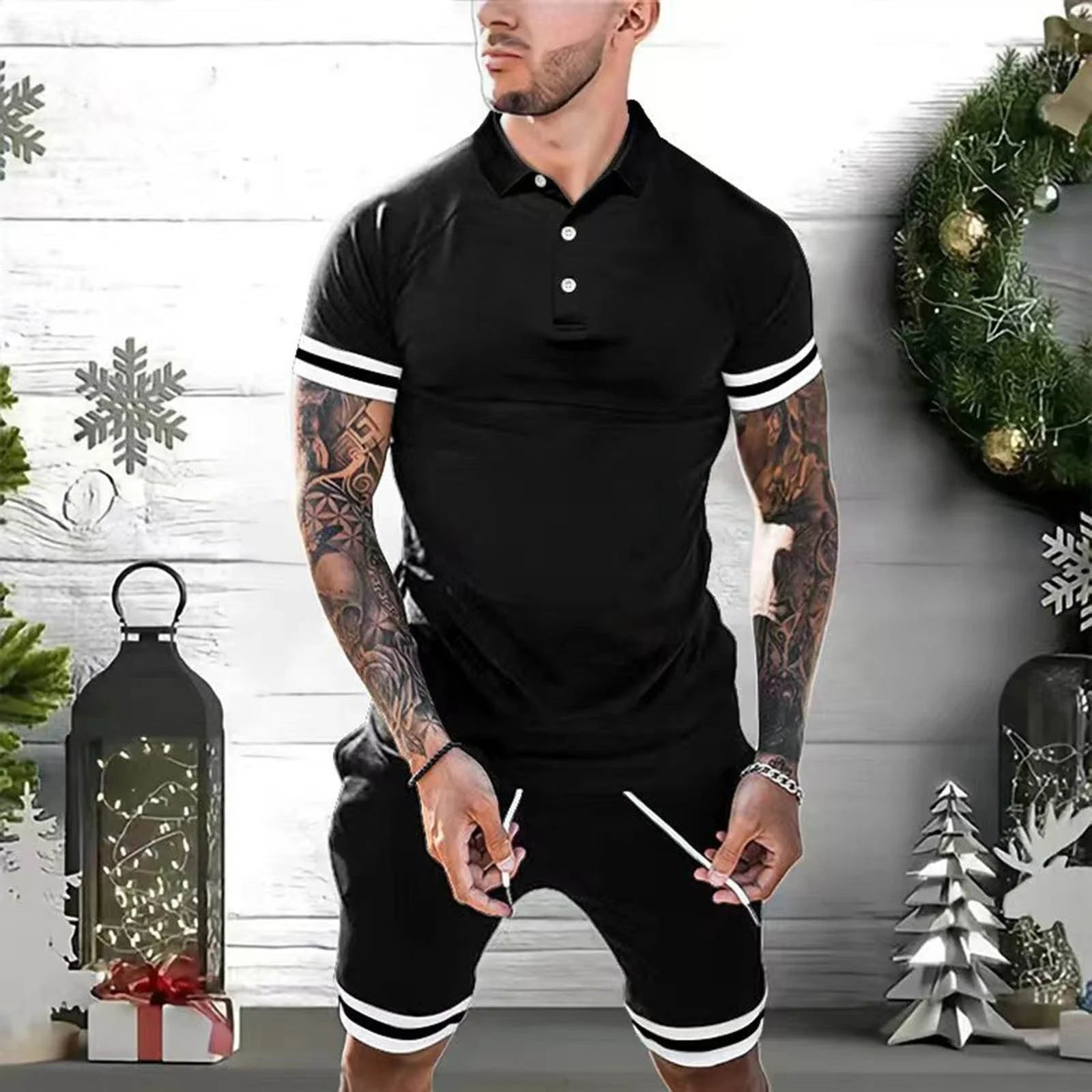 Men's two-piece casual outfit featuring a polo shirt and athletic shorts in various colors and sizes