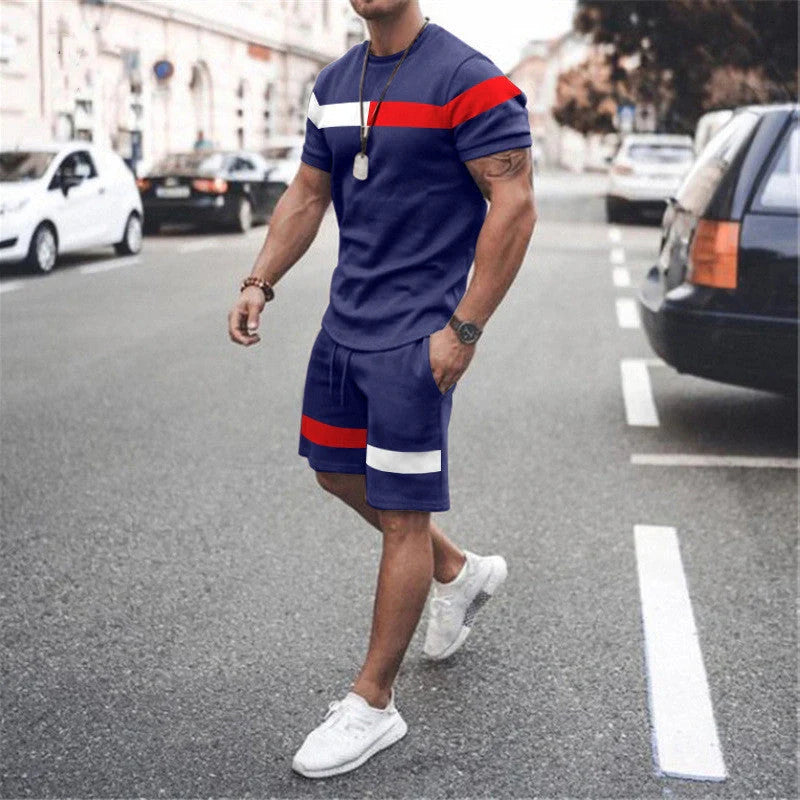 Men's Athletic Leisure Patchwork Short Sleeve Fitness Suit in various colors