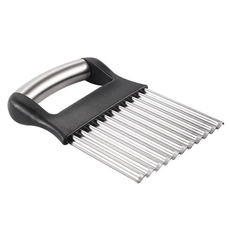 Stainless steel potato wave knife measuring 14x9cm with 8mm crinkle pattern for cutting uniform chips