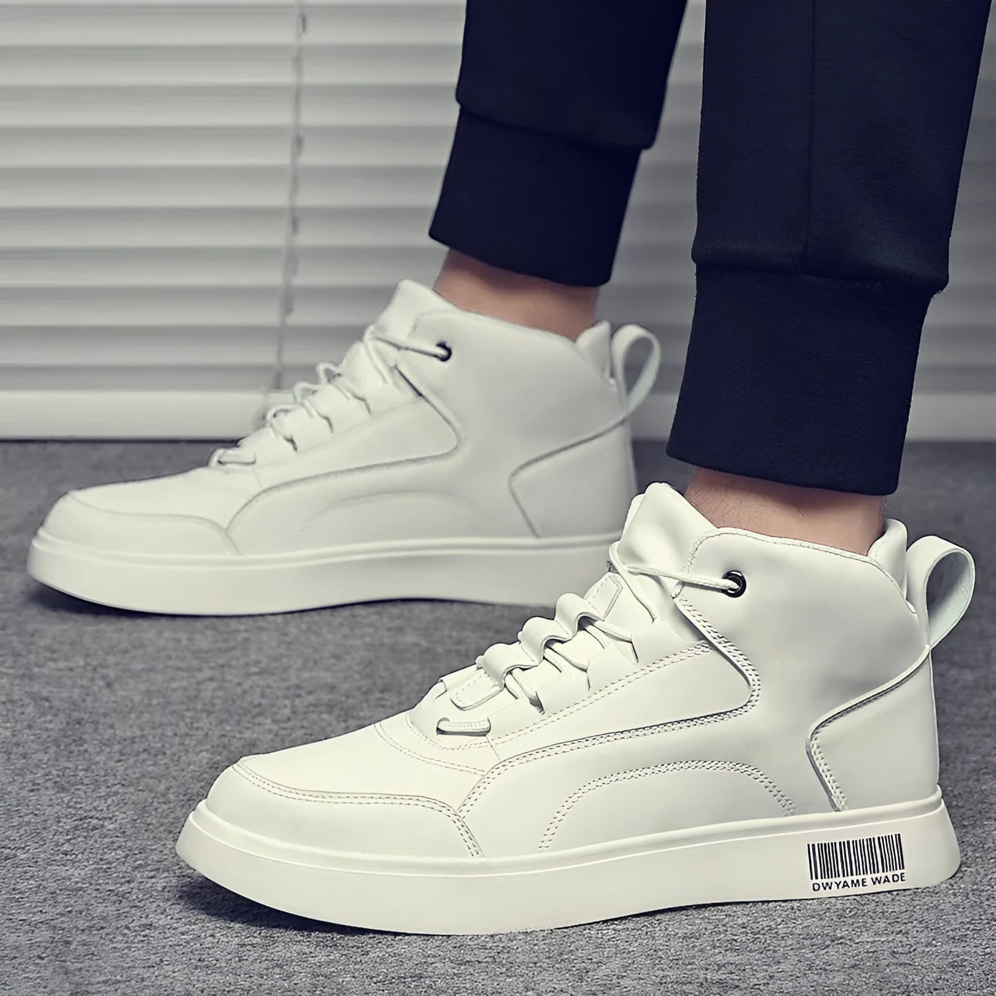 White mid-top sports board shoes for men with round toe, flat 1-3cm heel, and rubber sole