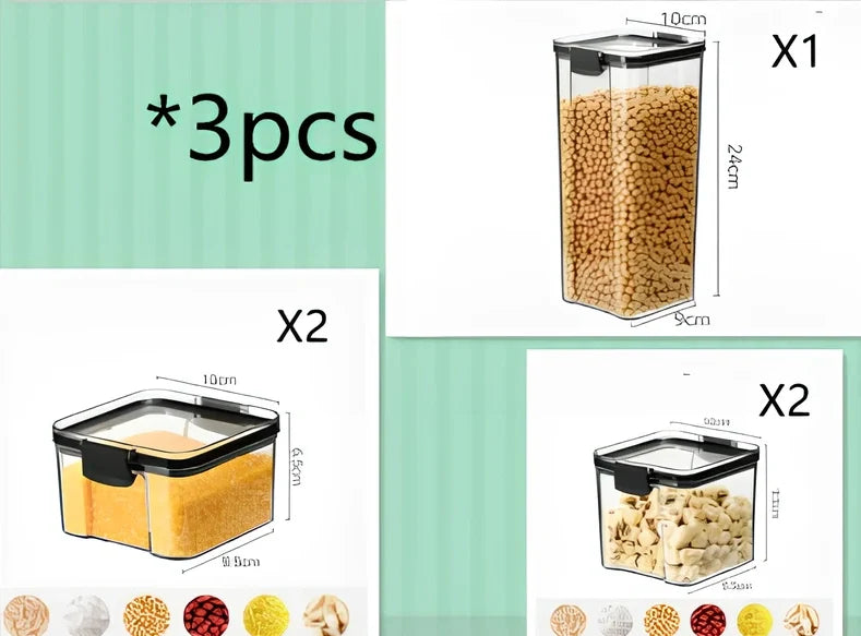 Square clear kitchen storage jar box for pantry organisation with cereals visible inside