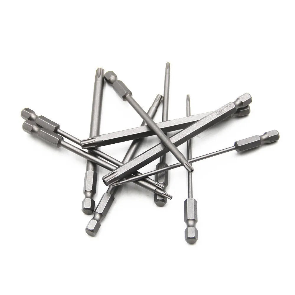 Set of alloy hexagon handle screwdrivers in 50mm, 75mm, and 100mm lengths with plum blossom hollow tips.