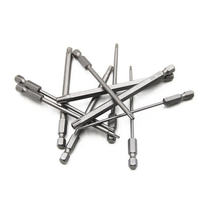 Set of alloy hexagon handle screwdrivers in 50mm, 75mm, and 100mm lengths with plum blossom hollow tips.