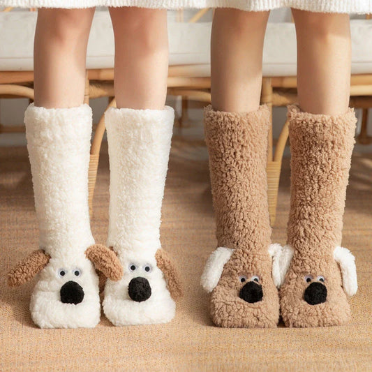 Cozy cartoon dog socks in various colors featuring plush, non-slip designs for comfortable winter wear
