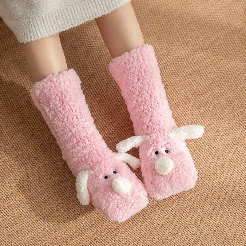 Cozy cartoon dog socks in various colors featuring plush, non-slip designs for comfortable winter wear