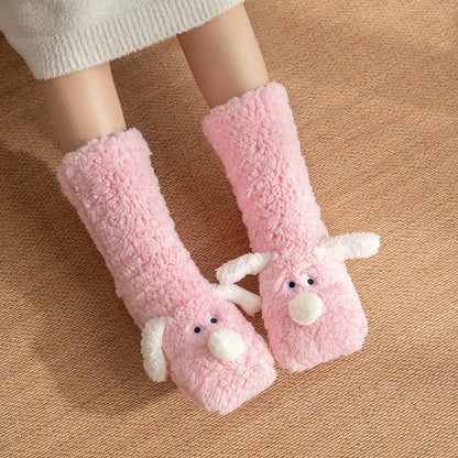 Cozy cartoon dog socks in various colors featuring plush, non-slip designs for comfortable winter wear